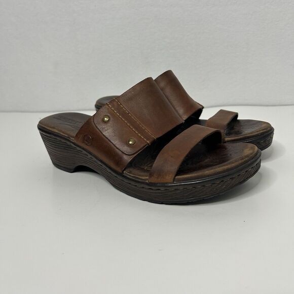 Born Brown Strappy Peep Toe Wedge Slip On Mules Sandals Size 8 EU 39 - Picture 1 of 8